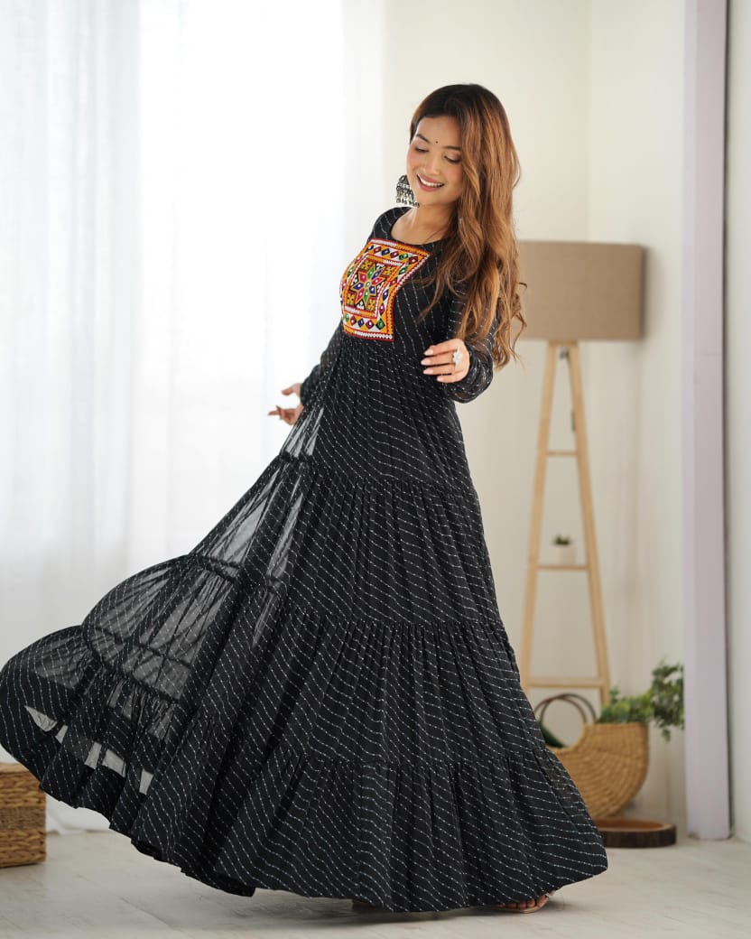 Model in Black Navratri Lehariya Printed Anarkali Gown.