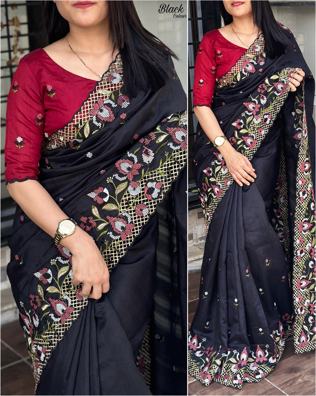 Black partywear saree with intricate embroidery and elegant cutwork design.
