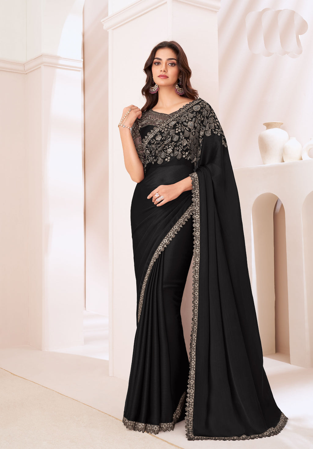Black partywear saree with elegant designer blouse