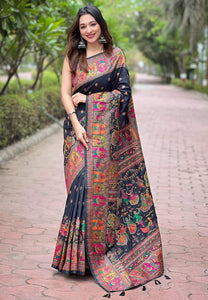 Black Pashmina Kashmiri Silk Zari Woven Saree | TRENDBUY