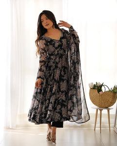 Black Printed Anarkali Gown With Pant & Dupatta Set | TRENDBUY