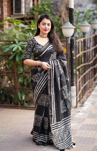 Black Pure Cotton Handblock Batik Print Sari | TRENDBUY
