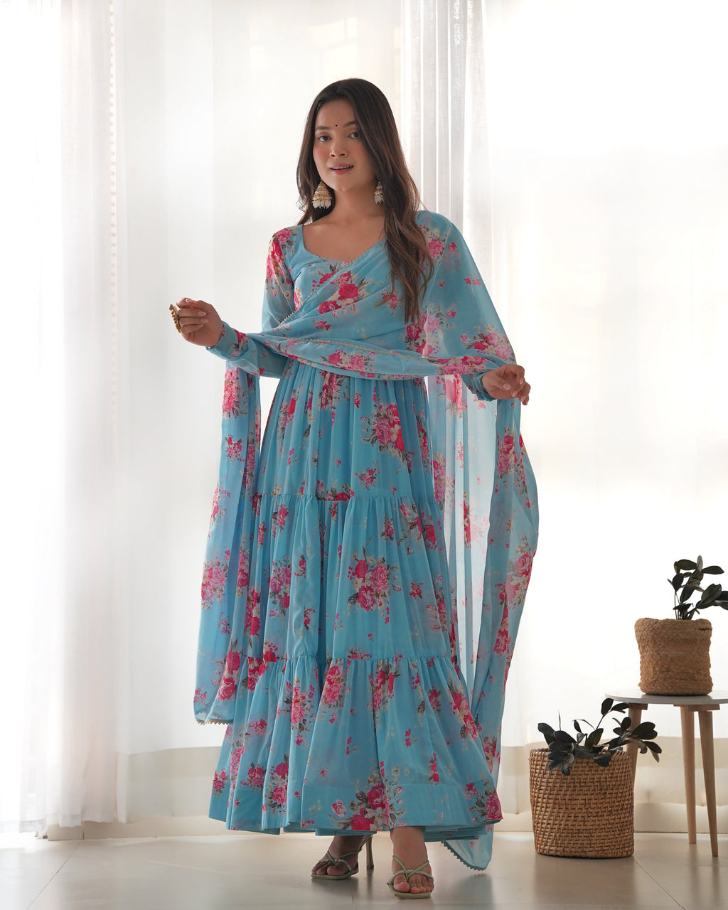 Blue floral printed Anarkali set