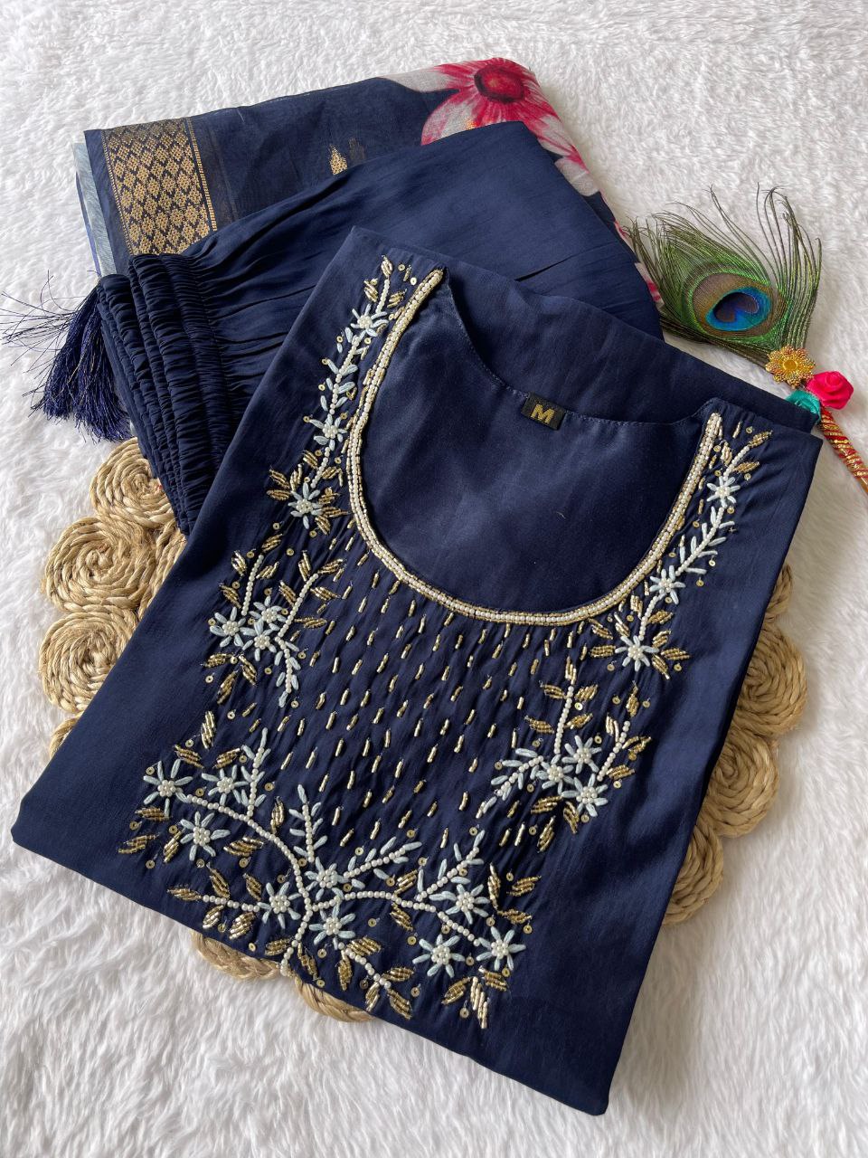 Blue Handwork Kurti Pant with Dupatta Set