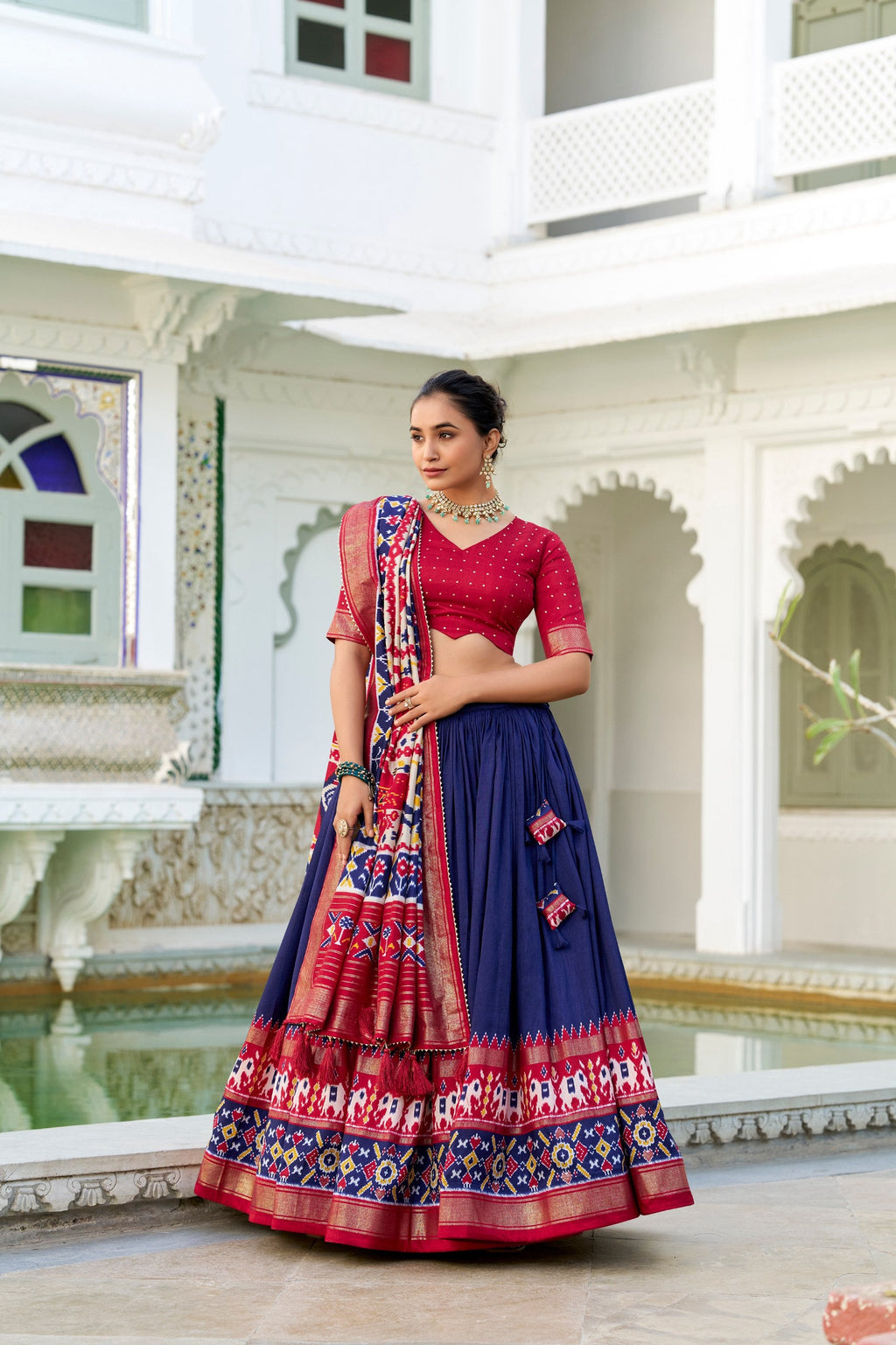 Blue With Red Patola Print Tussar Silk Traditional Lehenga Choli
