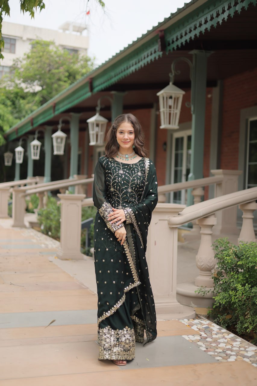 Model wearing an elegant Bottle Green Weddingwear Sarara Suit with intricate embroidery.