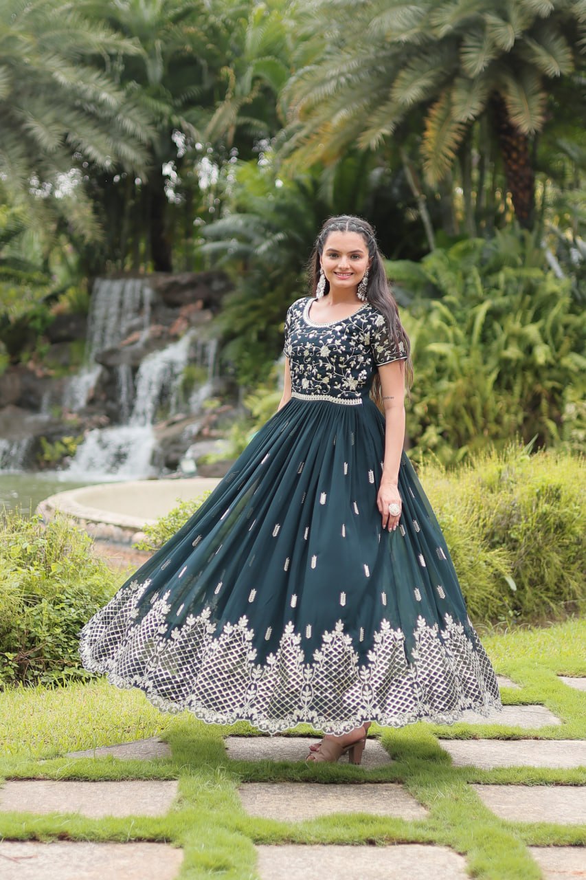 Woman in Bottle Green Partywear Flaired Ethnic Gown