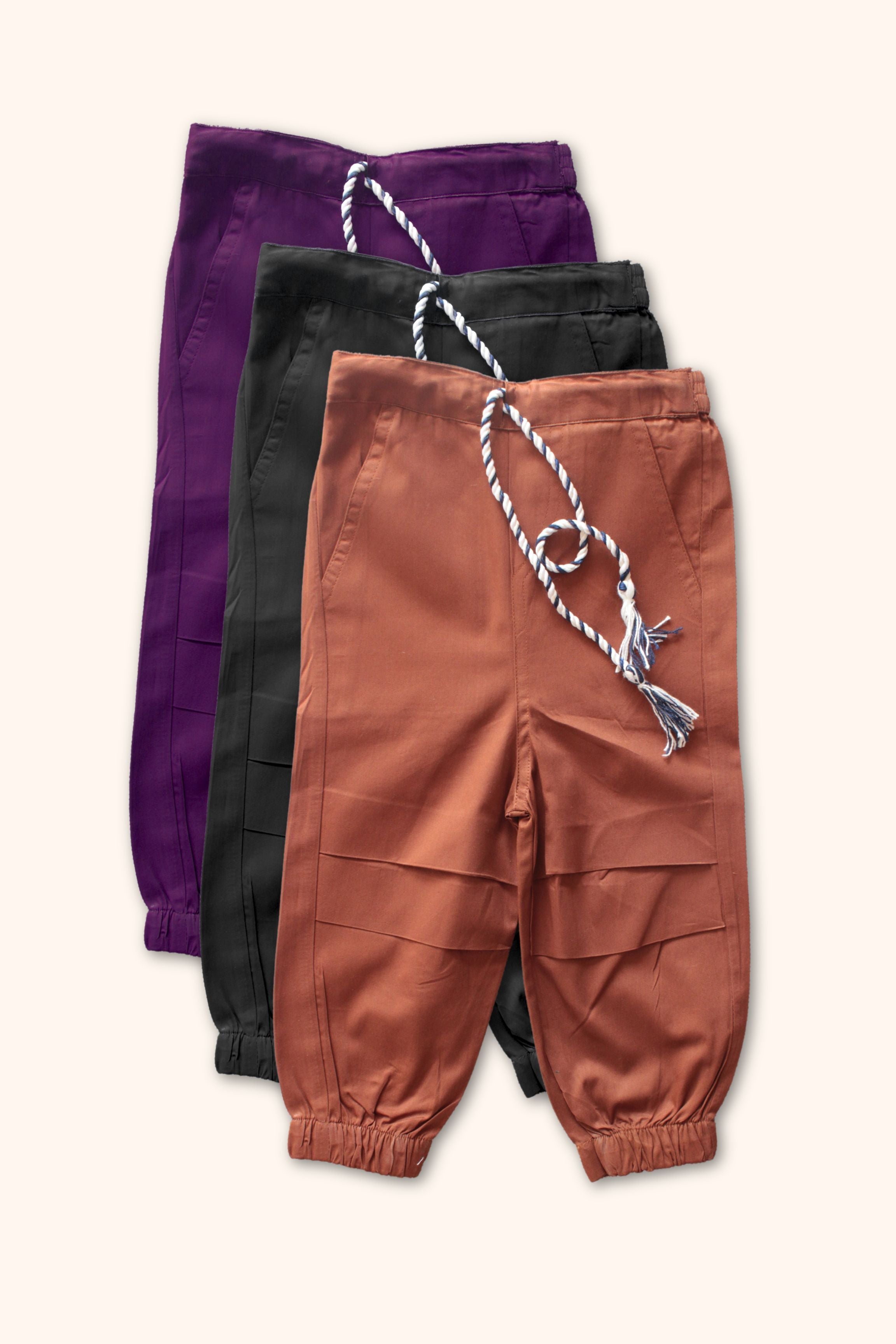Boys Pure Cotton Cargo Pants Combo All 3 - Black-Brown-Purple