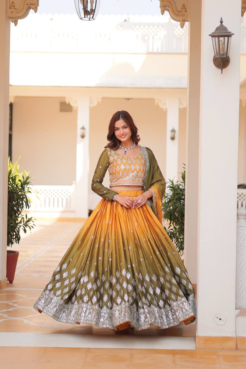 Elegant embroidered Chinon bridal lehenga choli for weddings