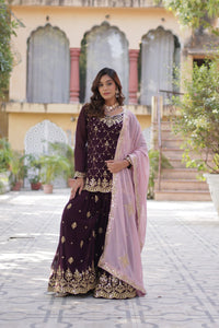 Brown Faux Blooming For Wedding Wear Sharara Suit | TRENDBUY