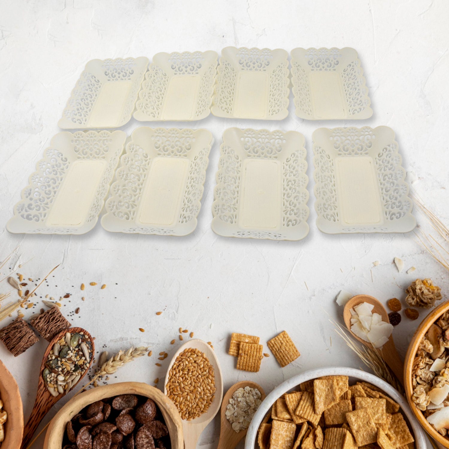 10033 Rectangle Plastic Dinner Plate Snacks Breakfast Restaurant Serving Trays Home School Coffee Hotel Kitchen Office (8 Pcs Set)