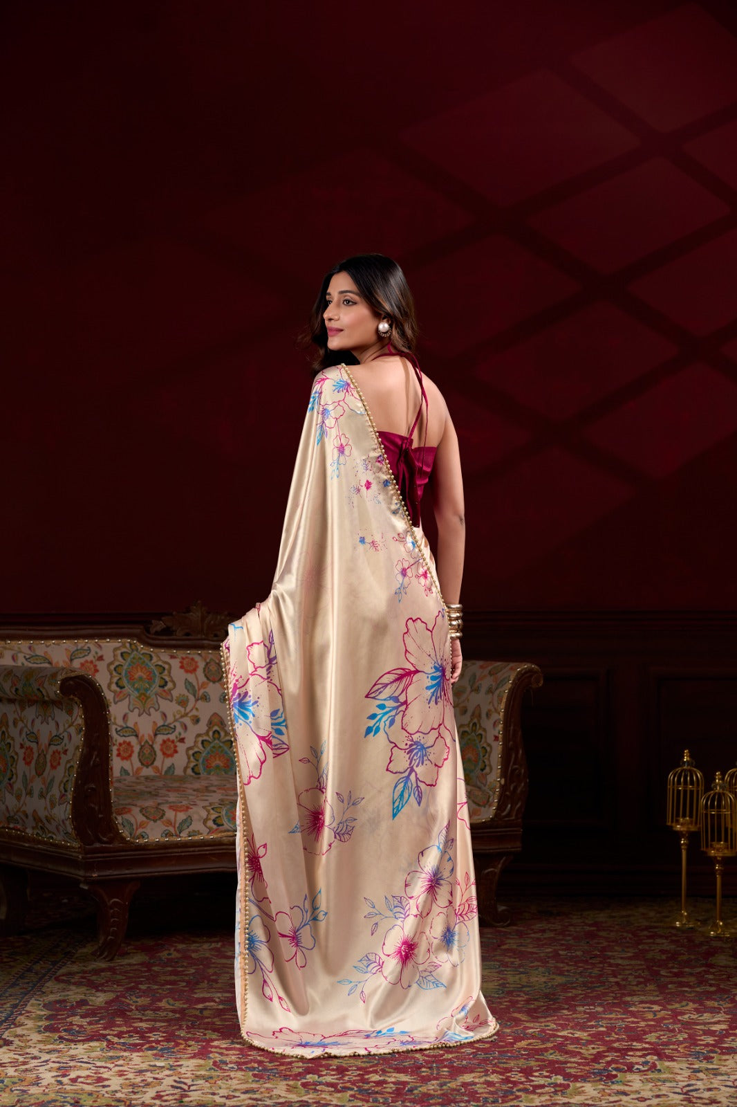 Cream Japan satin silk saree with digital floral print and elegant pearl lace border