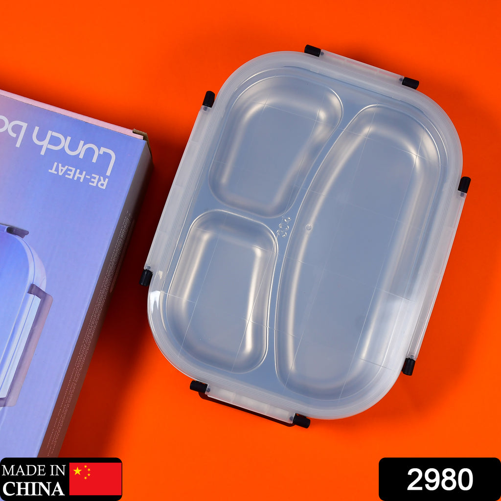 White transparent stainless steel lunch box with 3 compartments, ideal for kids & adults.