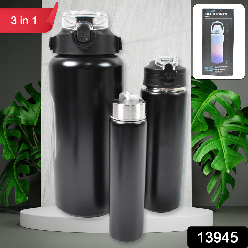 Set of 3 stainless steel insulated water bottles, double wall vacuum, different sizes.