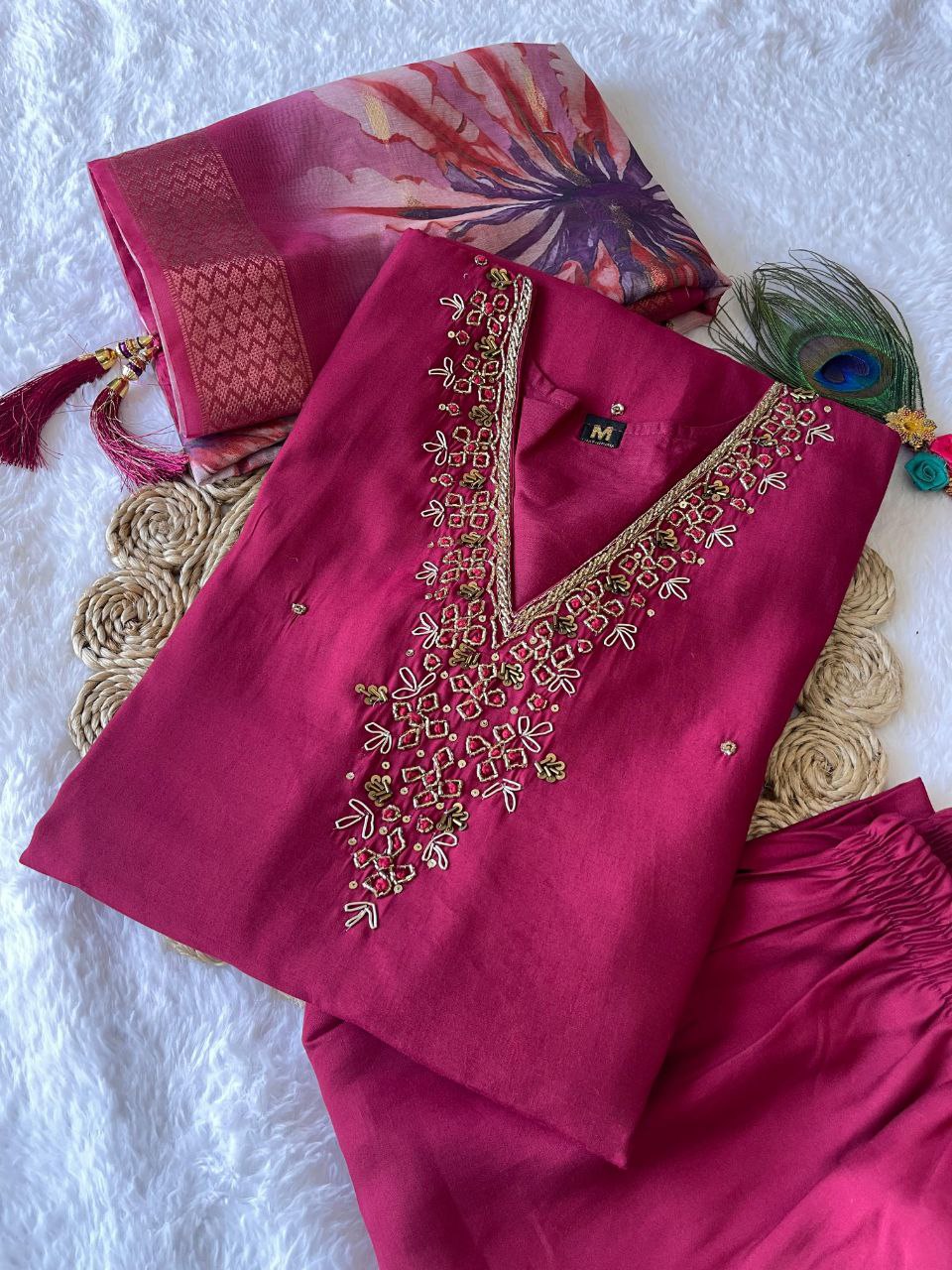 Cherry Pink Handwork Roman Cotton Silk Kurti Set with Jaccard Dupatta