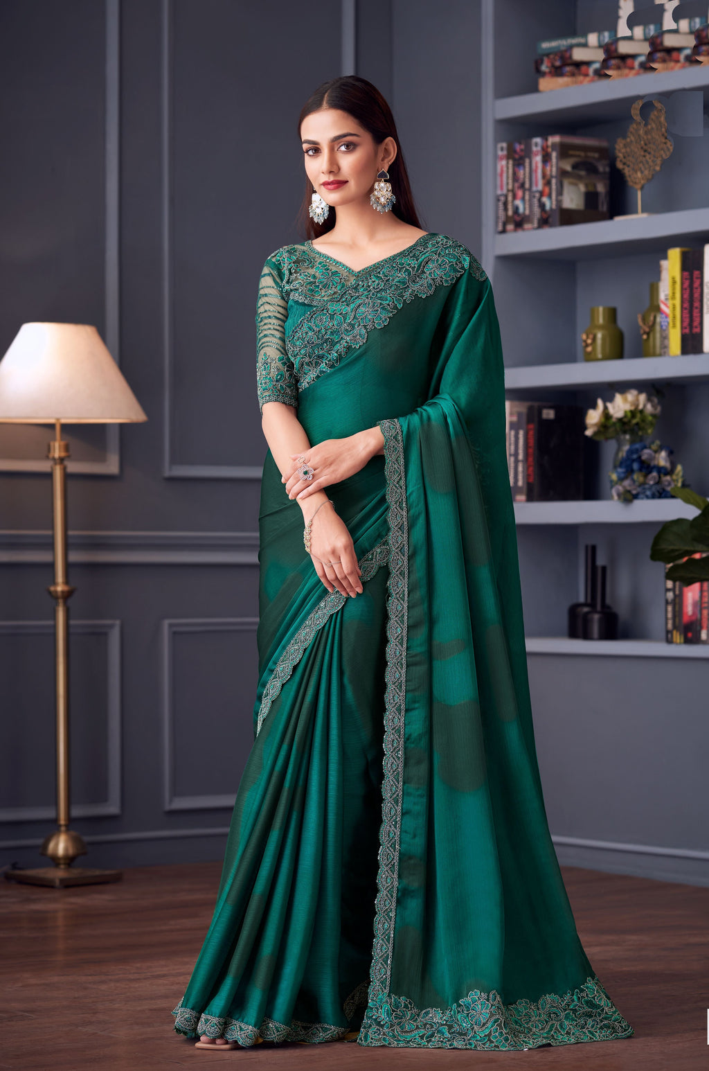 Elegant chiffon party wear silk saree beautifully draped, showcasing its luxurious texture and vibrant appeal.
