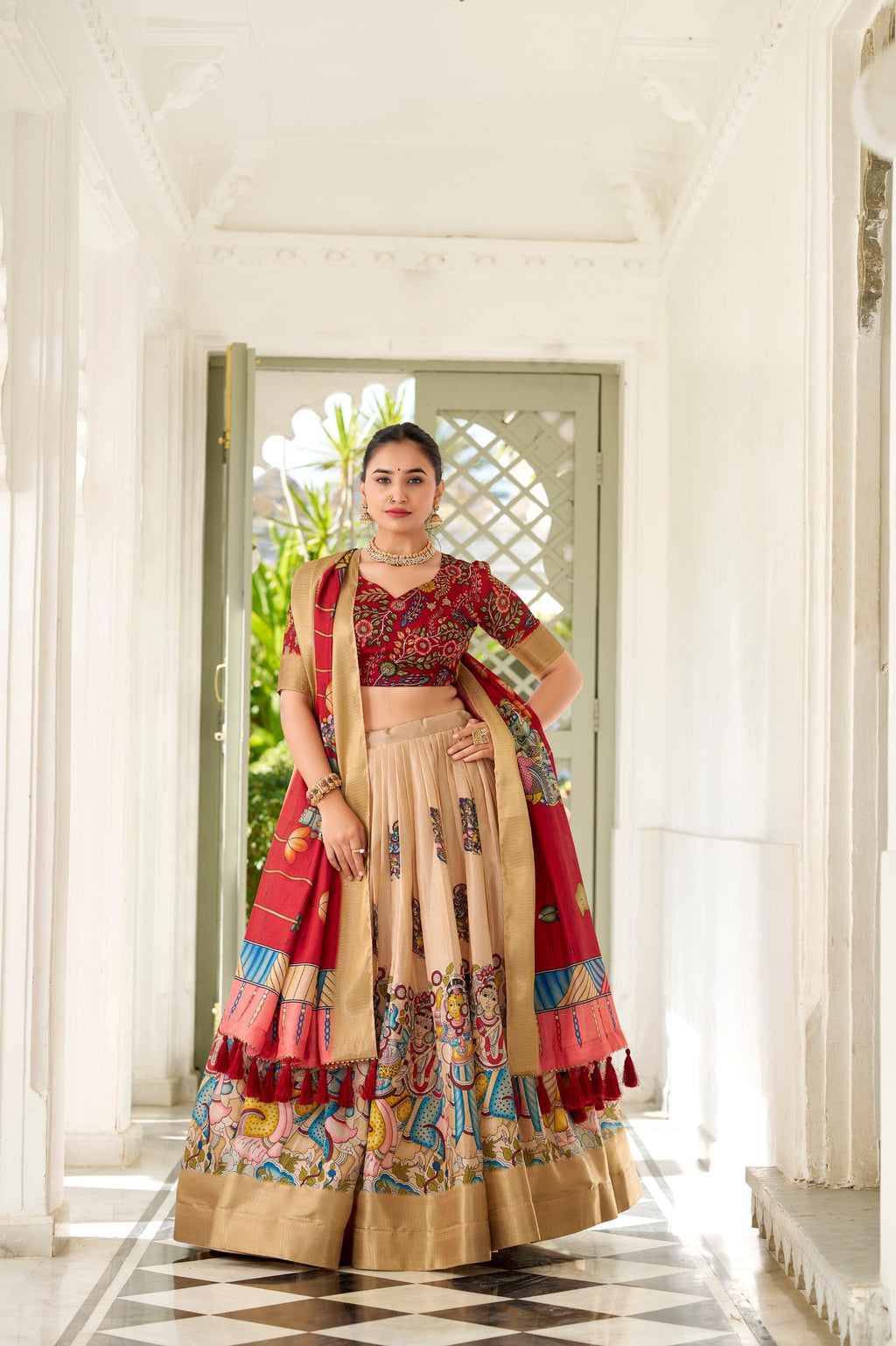 Traditional Chiku color Kalamkari print Dola Silk Lehenga Choli