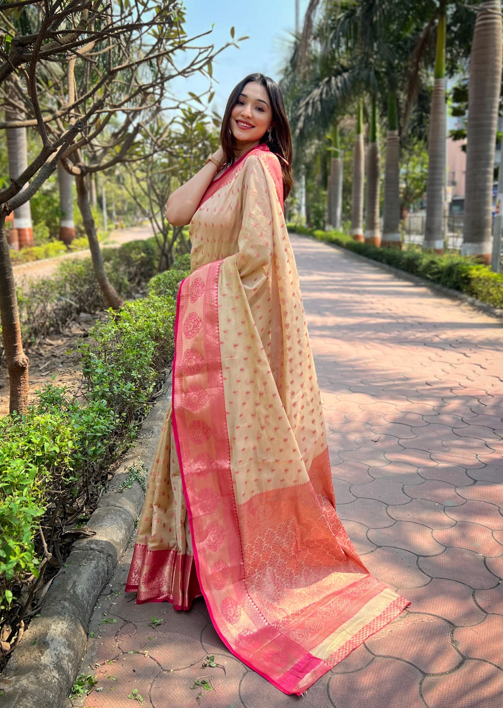 Chiku Kanchipuram tissue silk saree with intricate zari weaving