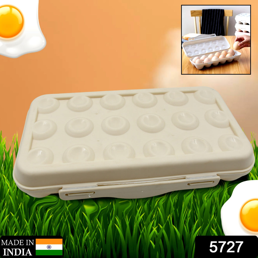 Clear plastic 18-grid egg holder with buckle, shock-proof storage for fridge, kitchen, and camping.