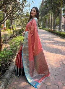 Coral Kanchipuram Tissue Silk Zari Woven Saree | TRENDBUY