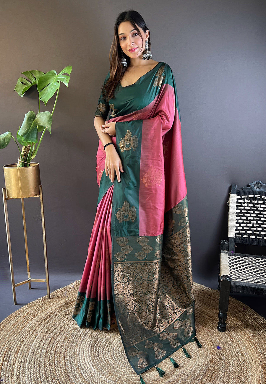 Coral Soft Silk Floral Border Contrast Zari Woven Saree