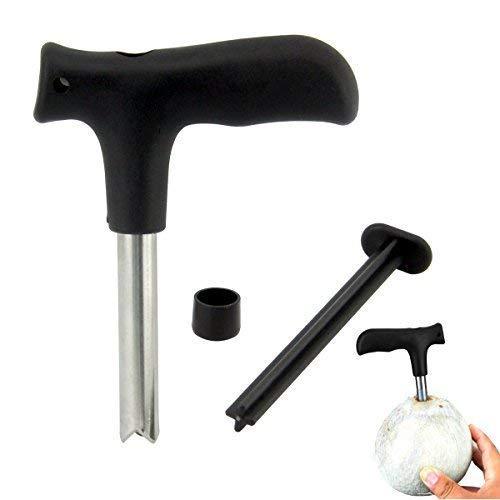 Hand holding premium stainless steel coconut opener tooldriller with comfortable black grip.