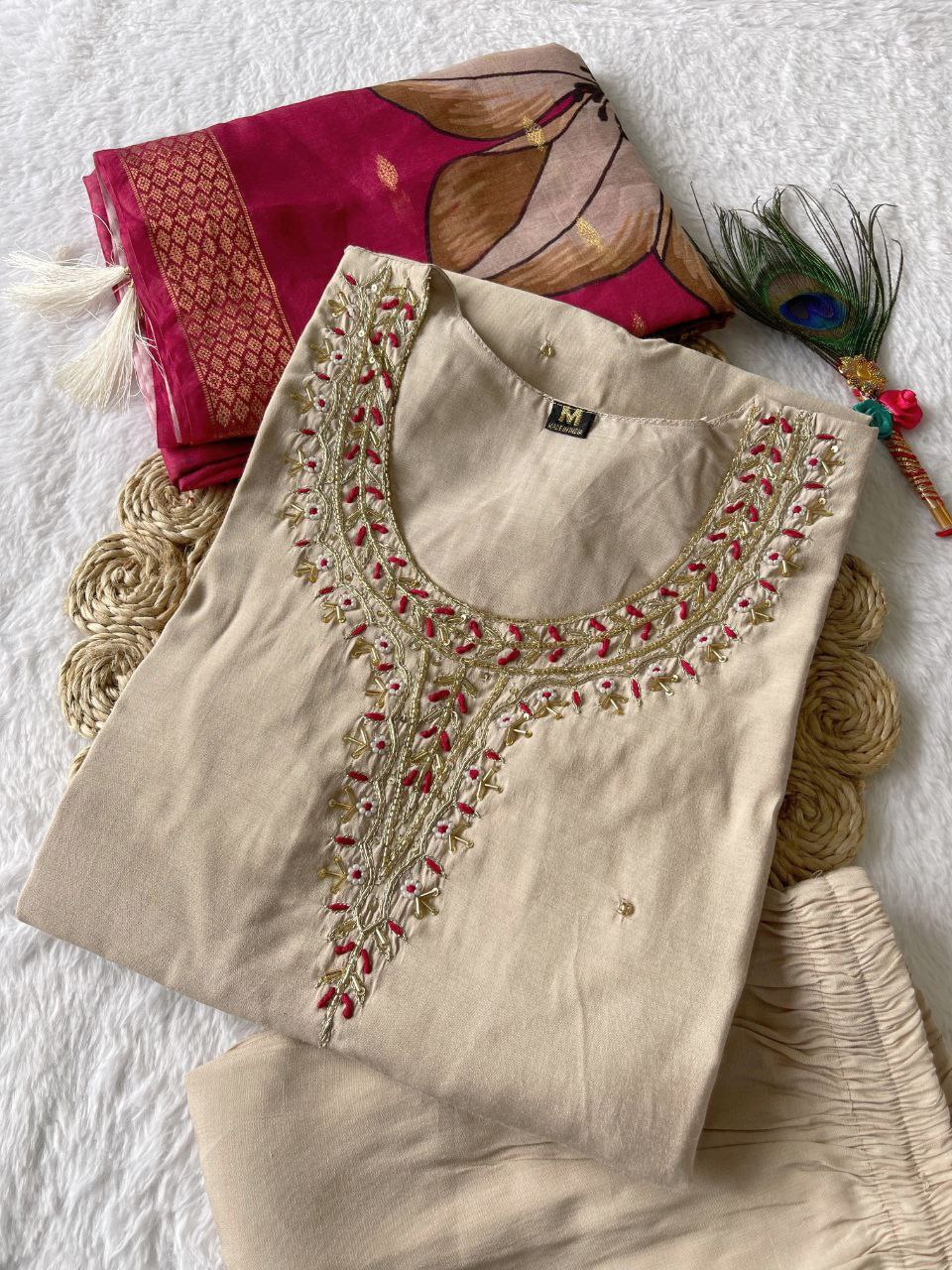 Cream handwork kurti pant with dupatta set