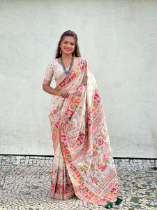 Cream Pashmina Kashmiri Silk Zari Woven Saree | TRENDBUY