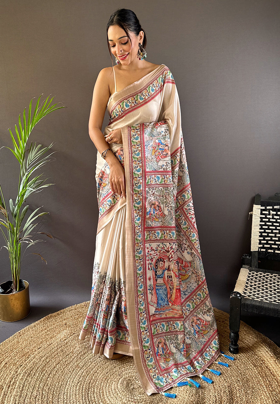 Cream Tussar silk saree featuring its unique natural texture, elegant border design, and matching blouse piece.