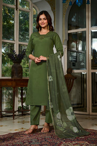 TRENDBUY Green Viscose Chanderi Embroidered Kurti with Pant & Dupatta Set