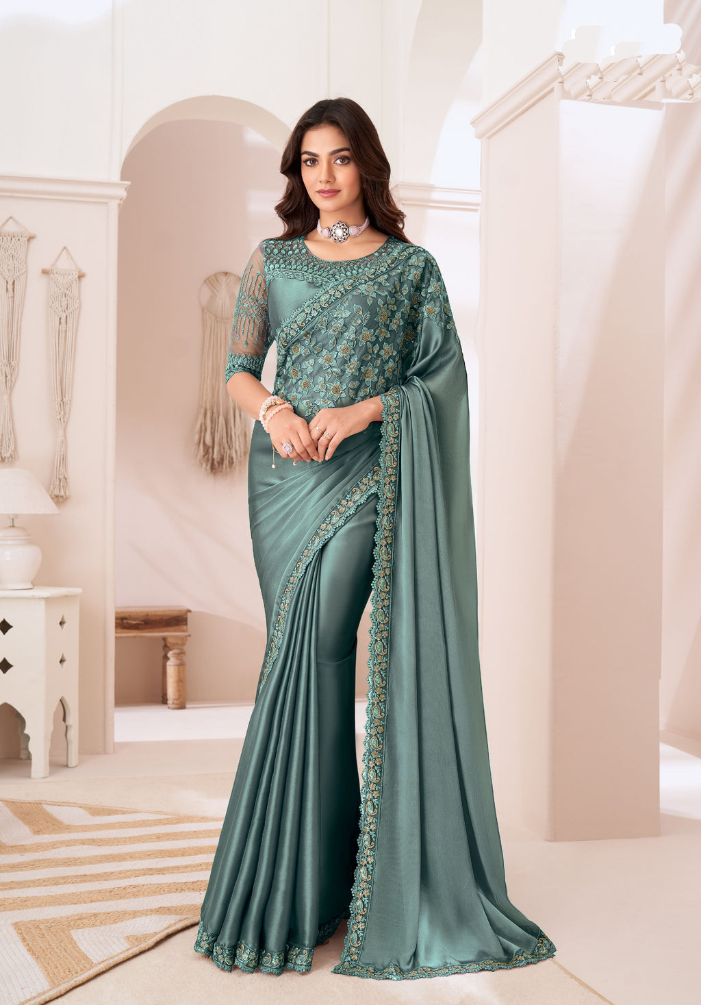 Model wearing hot look chiffon saree with intricate work, perfect for party wear.