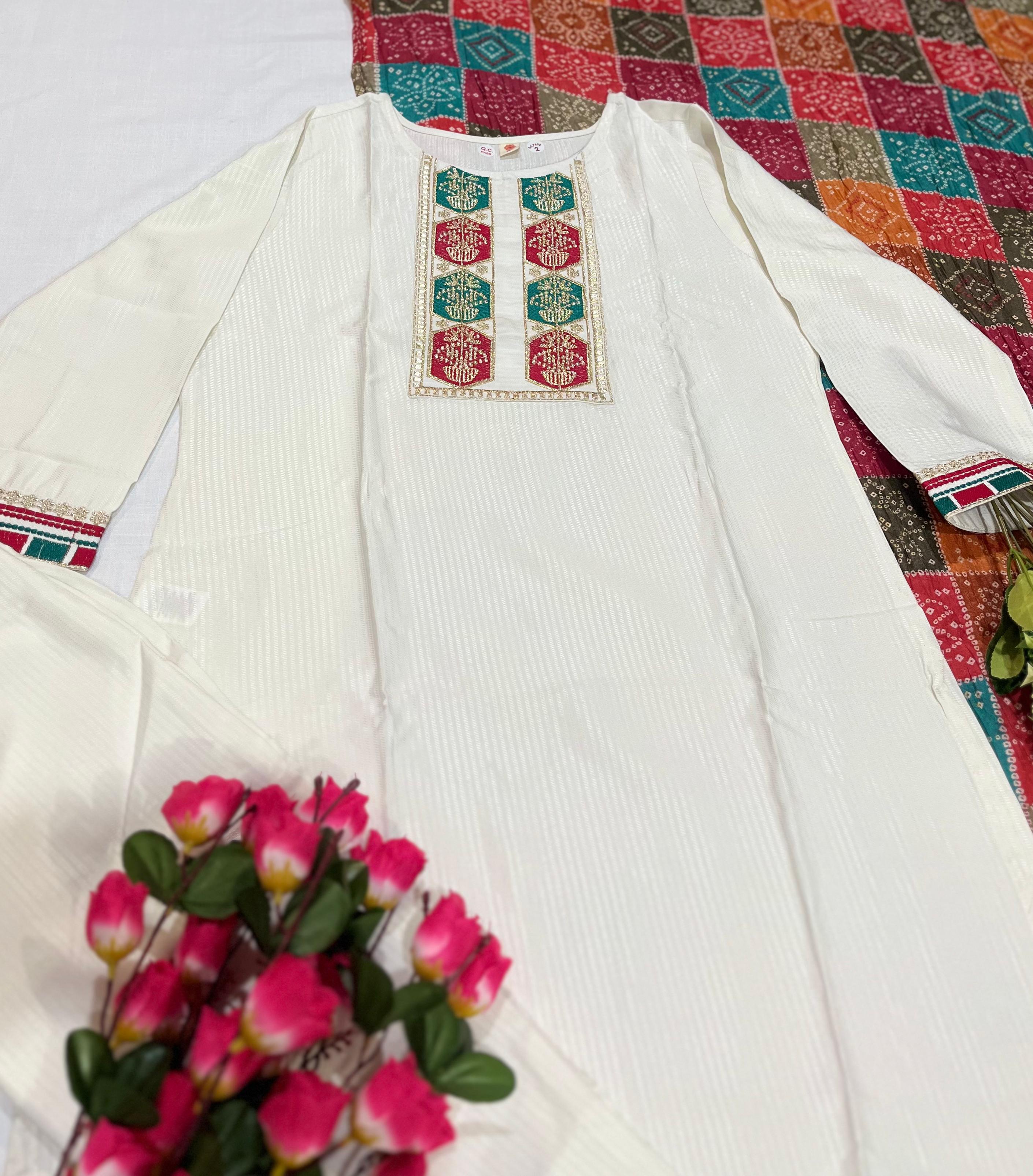 Close-up flat lay of TRENDBUY D488 Off-White Kurta showing detailed embroidery on the yoke and striped viscose fabric texture.