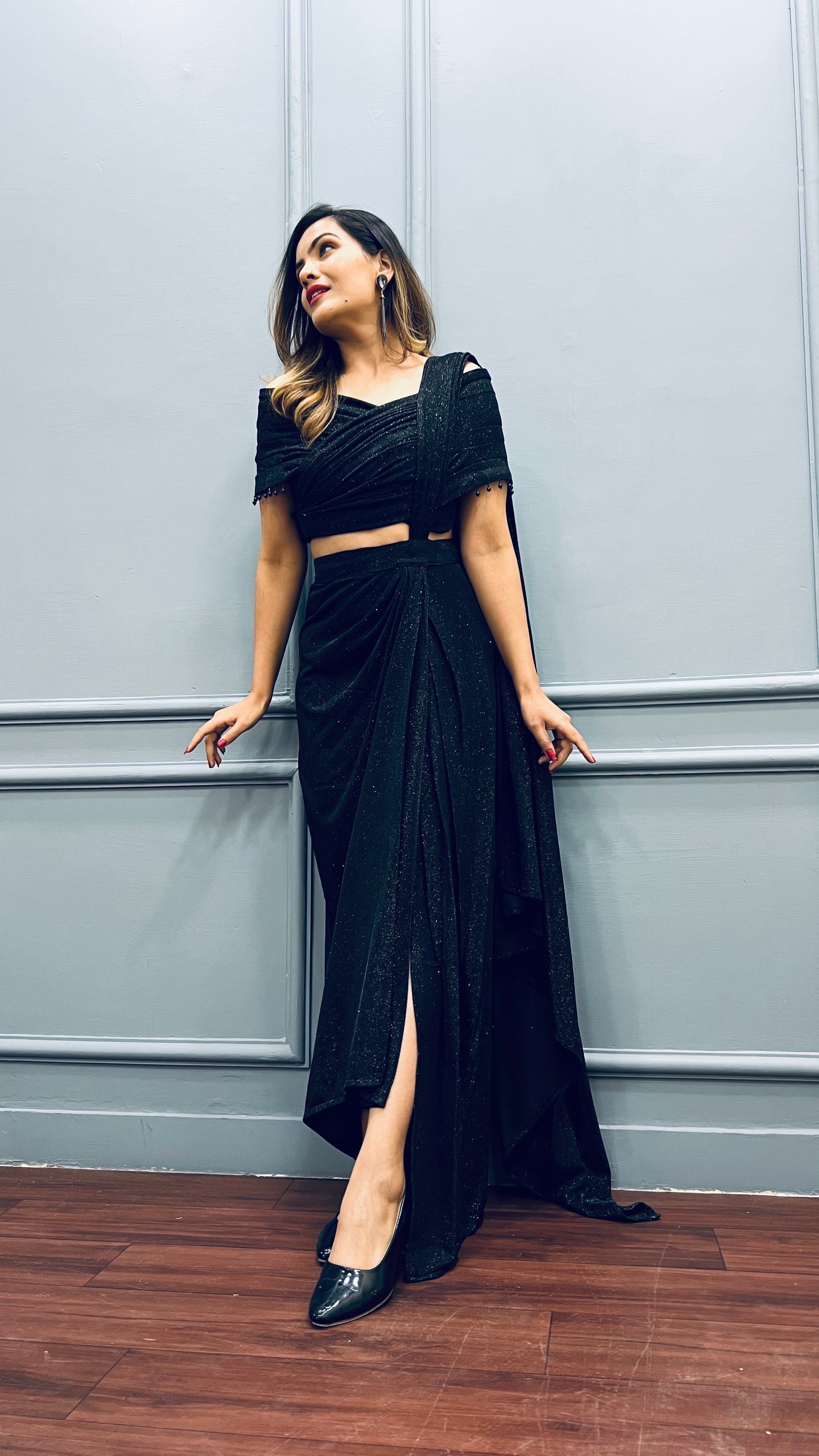 Zara Sequin Saree – Pre-draped Partywear & Wedding Saree with Drop Hangings Black