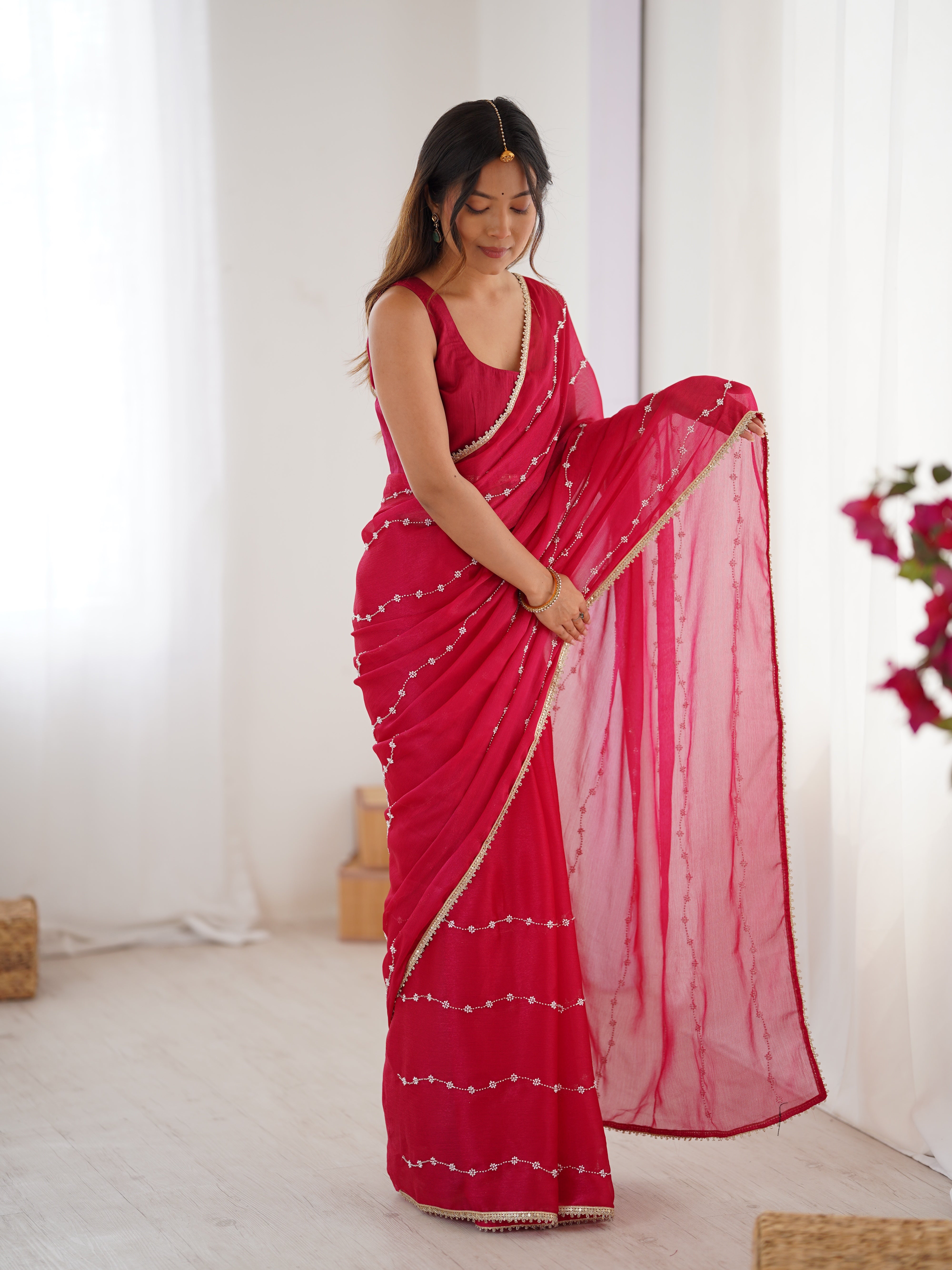 Full length studio shot of model in Pink Sitara Fabric Saree, showcasing overall style.