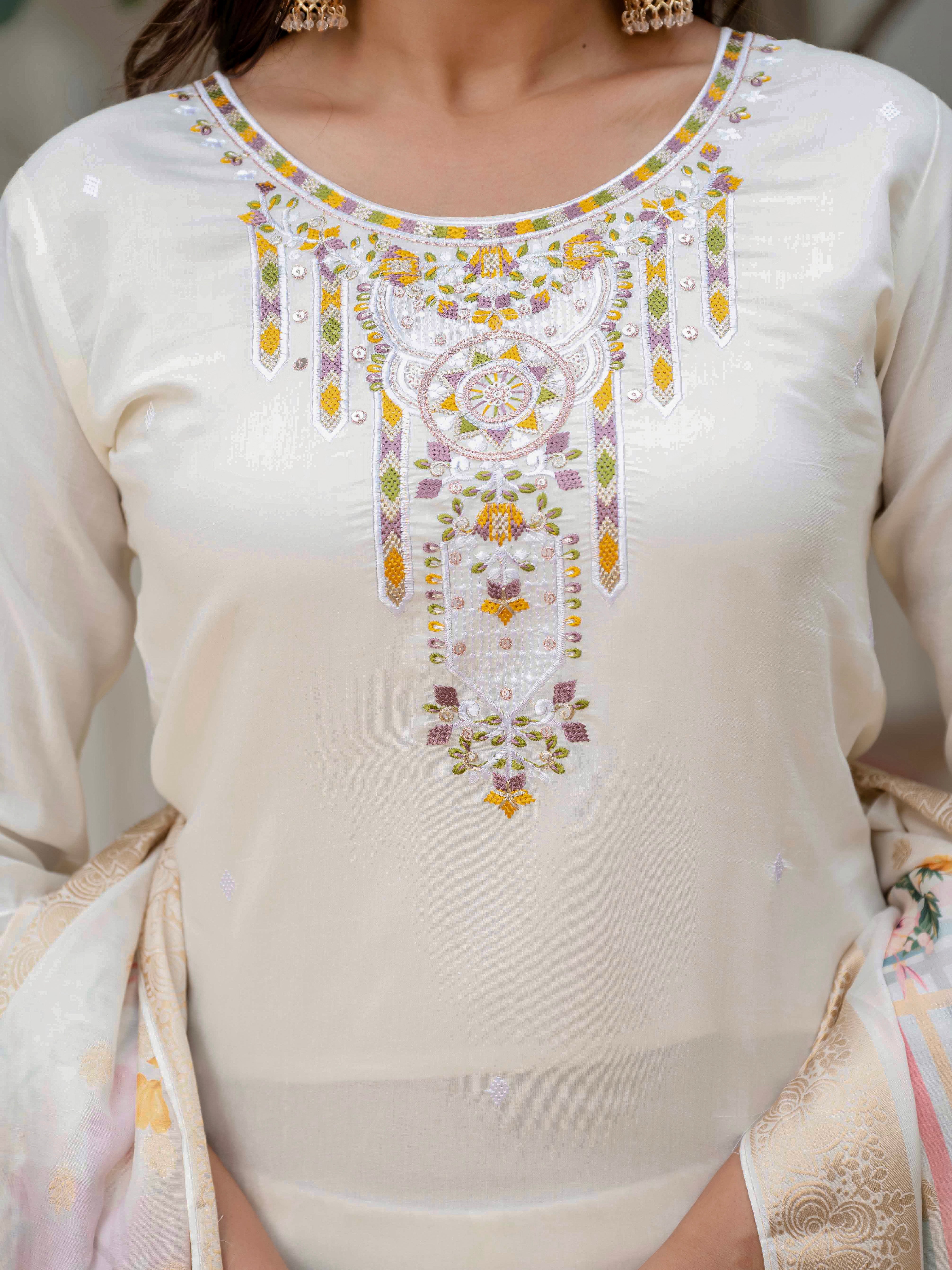 TRENDBUY WF-DIVA Off White Roman Silk Kurta with intricate neck embroidery detail