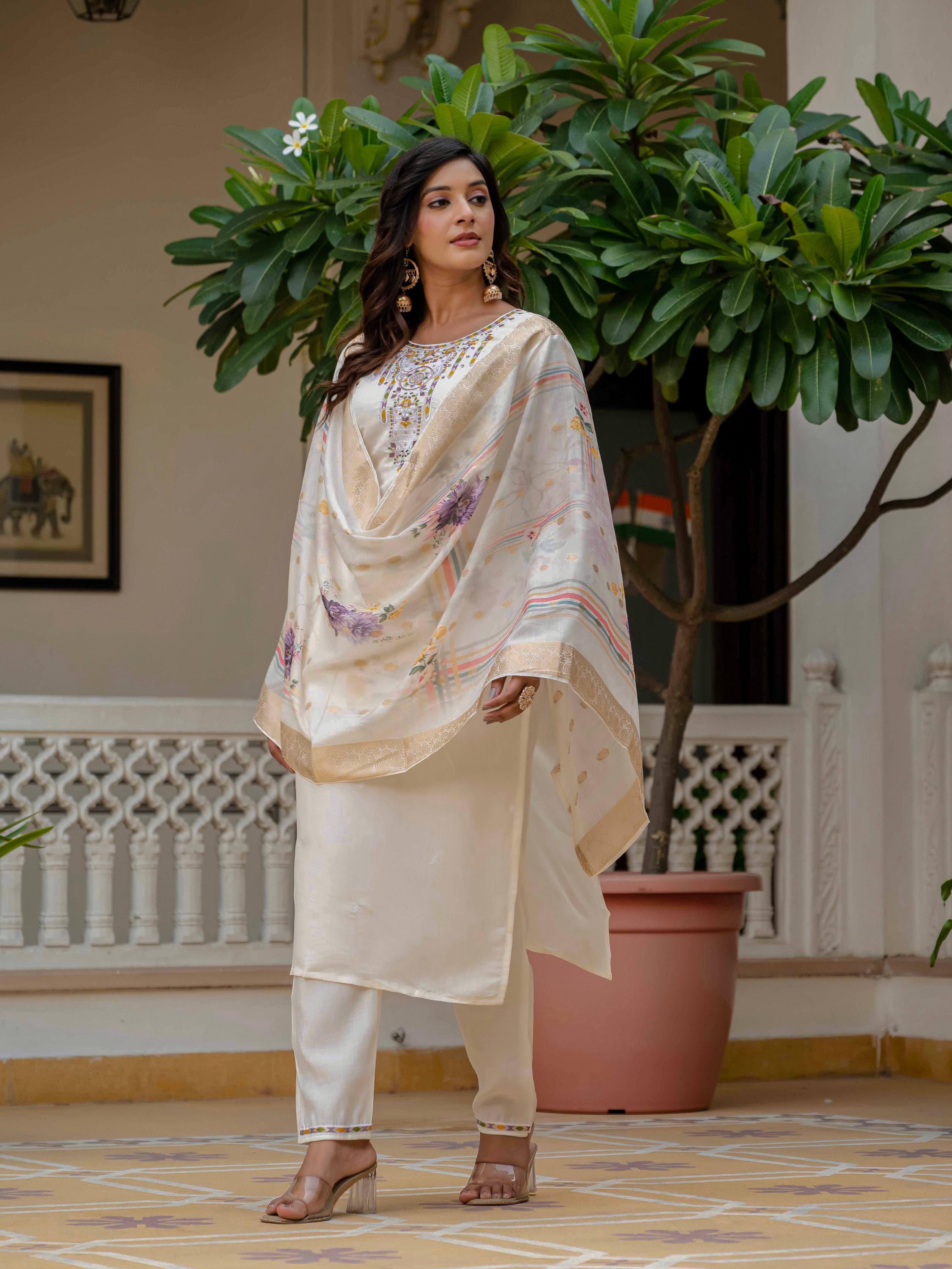 Side profile of model in TRENDBUY WF-DIVA Off White Kurta Set, highlighting dupatta drape and design