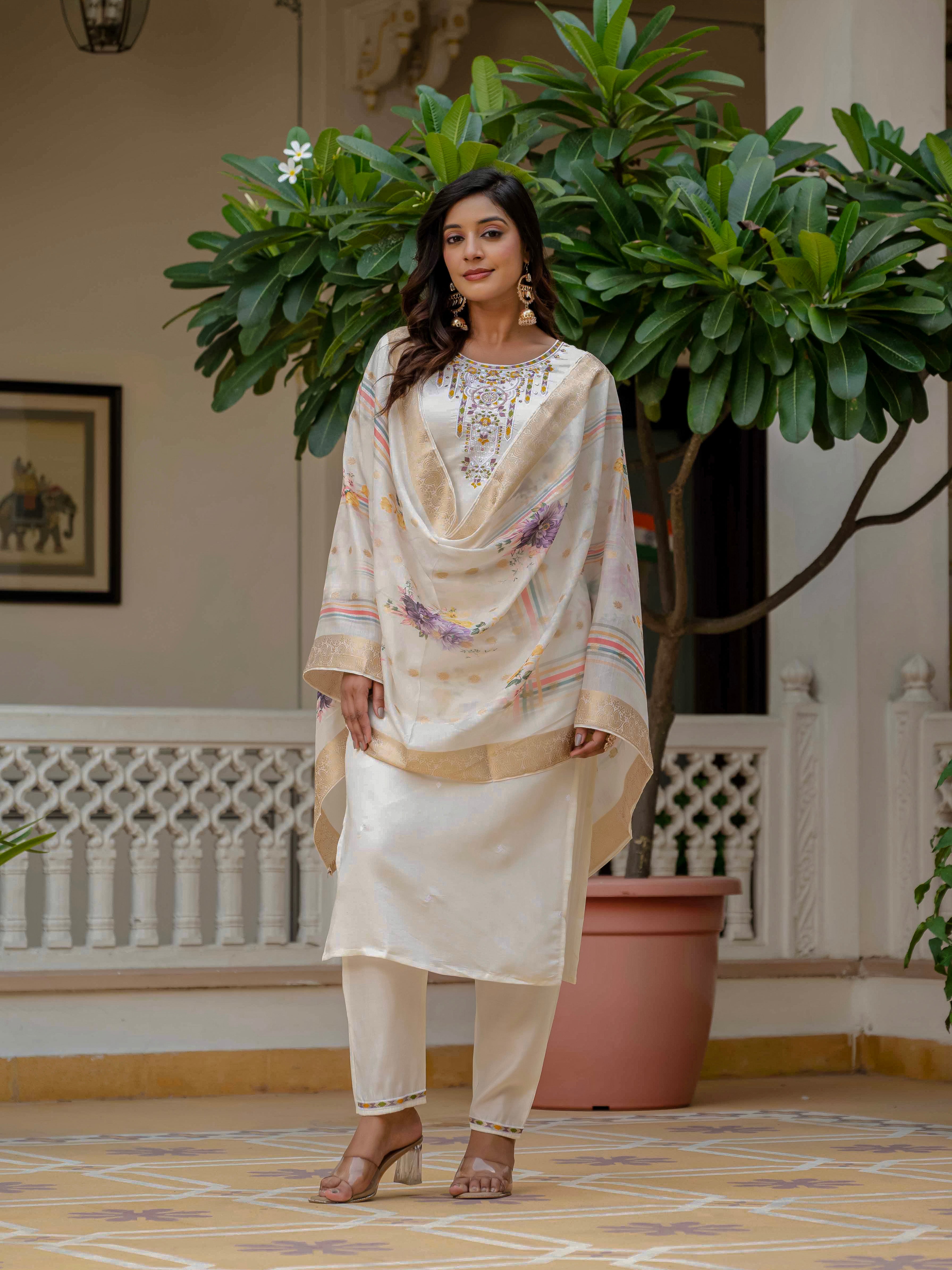 Front view of model in TRENDBUY WF-DIVA Off White Kurta Pant Dupatta Set, elegant pose