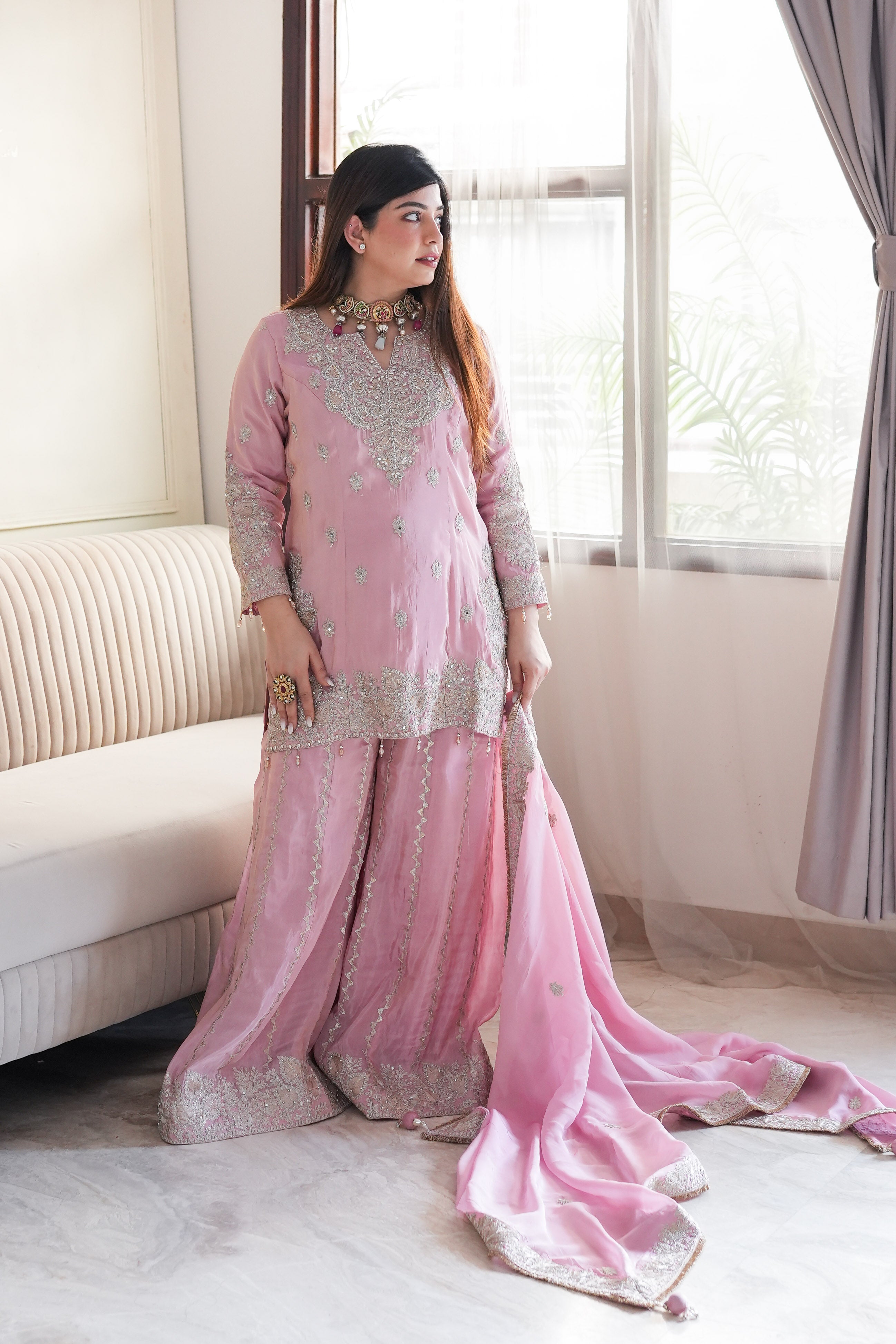 chinese dress ladies Pink Georgette Thread & Sequins Embroidered Sharara Set with Dupatta main image 0