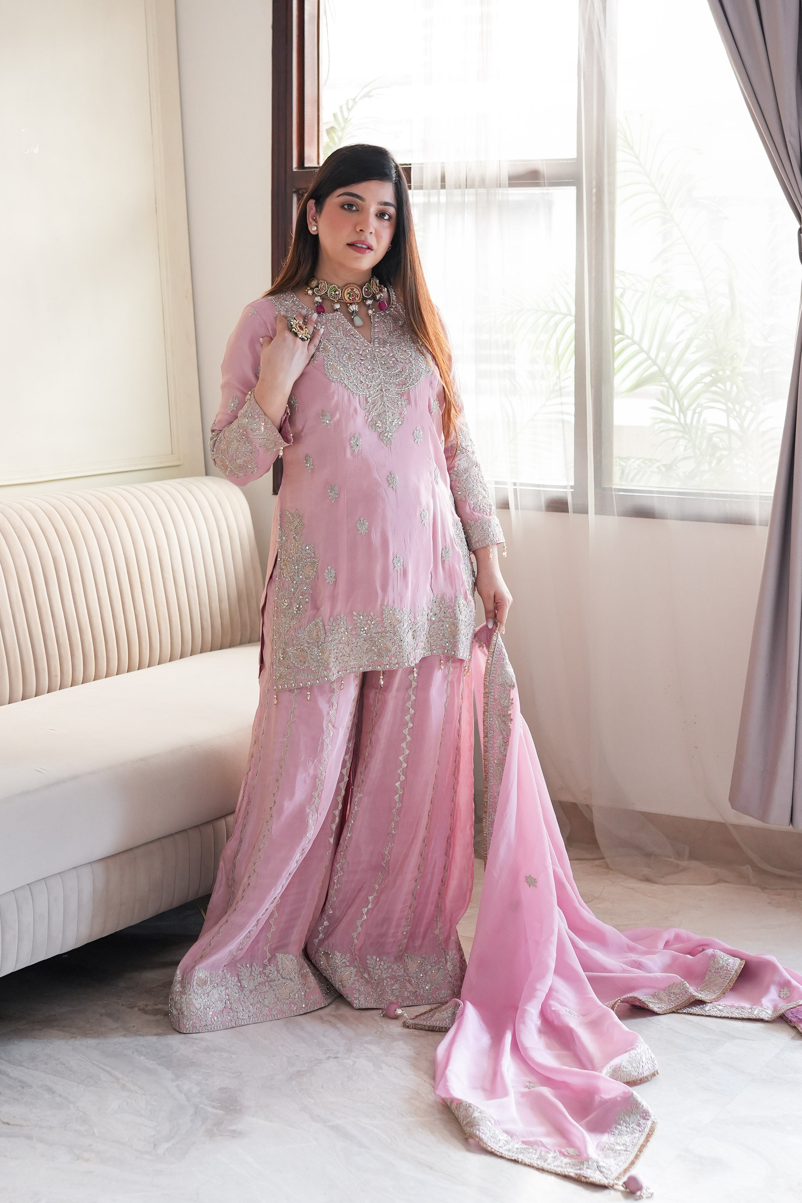 Party Wear Light Pink Sharara Suit - Fully Stitched with Dupatta - TREND  BUY - Suit