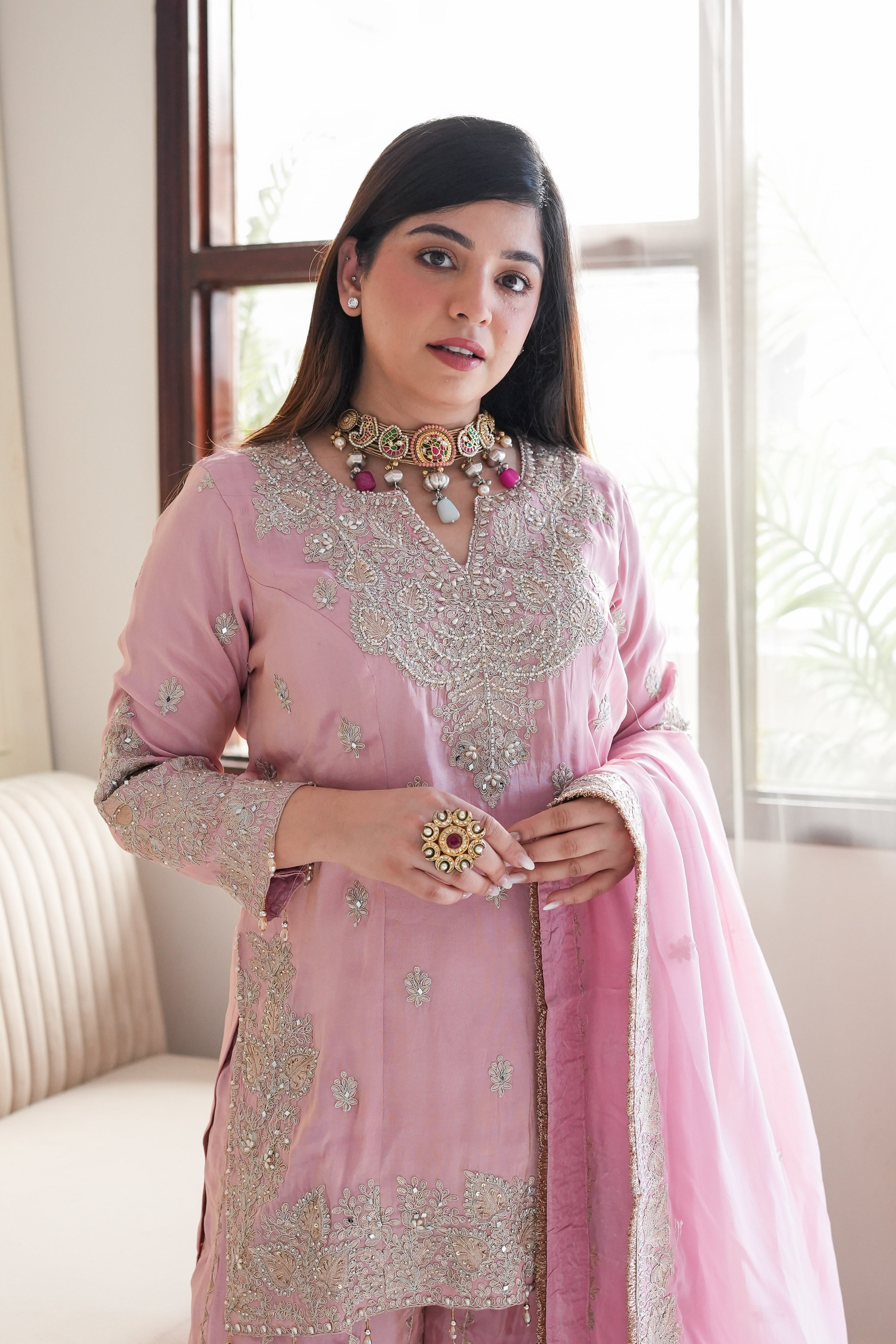 chinese dress ladies Light Pink Elegant Sharara set with gota work – Indi Ethnics main image 1