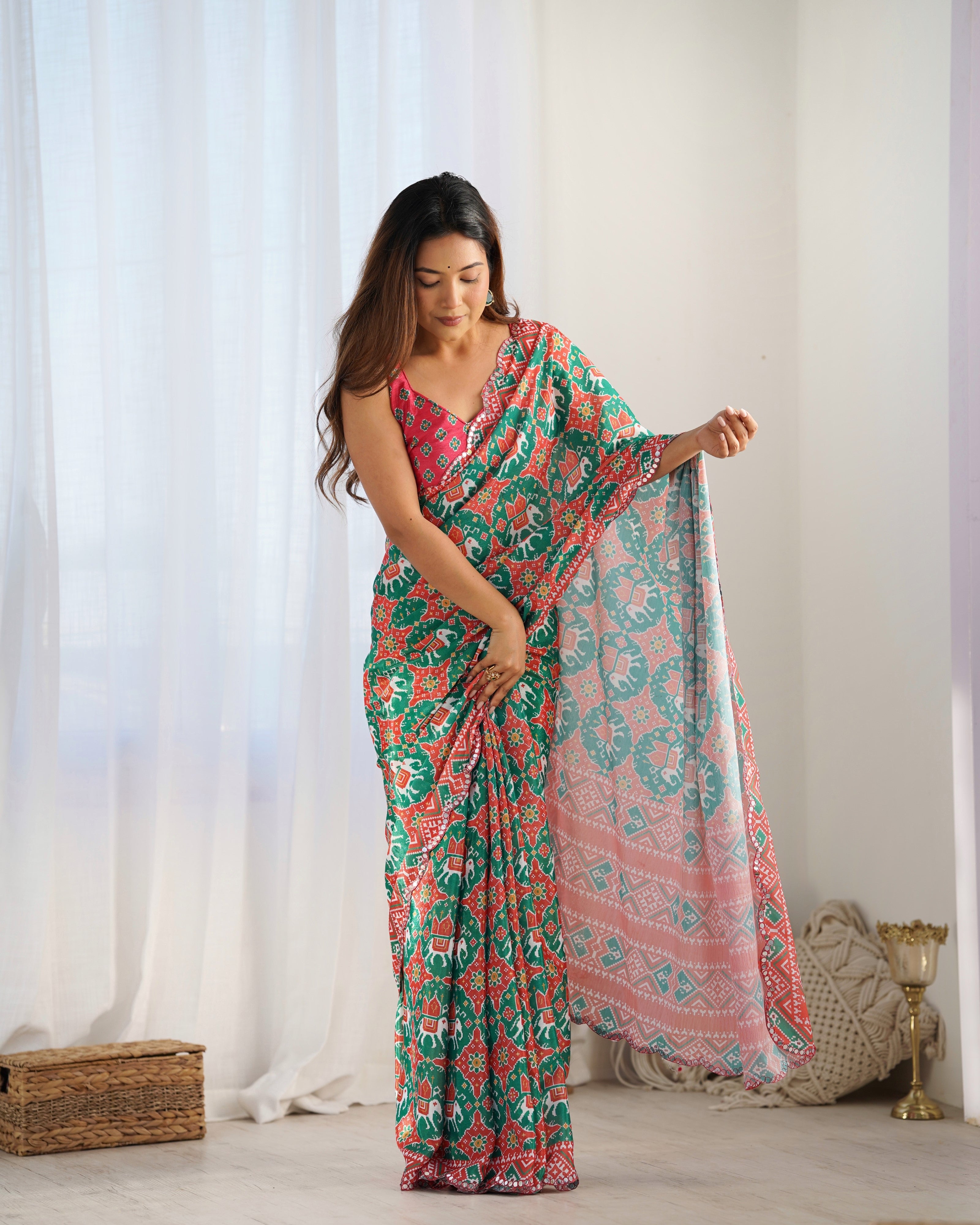 Heavy Chinnon Printed Saree with Kutchi work mirror lace border and unstitched blouse