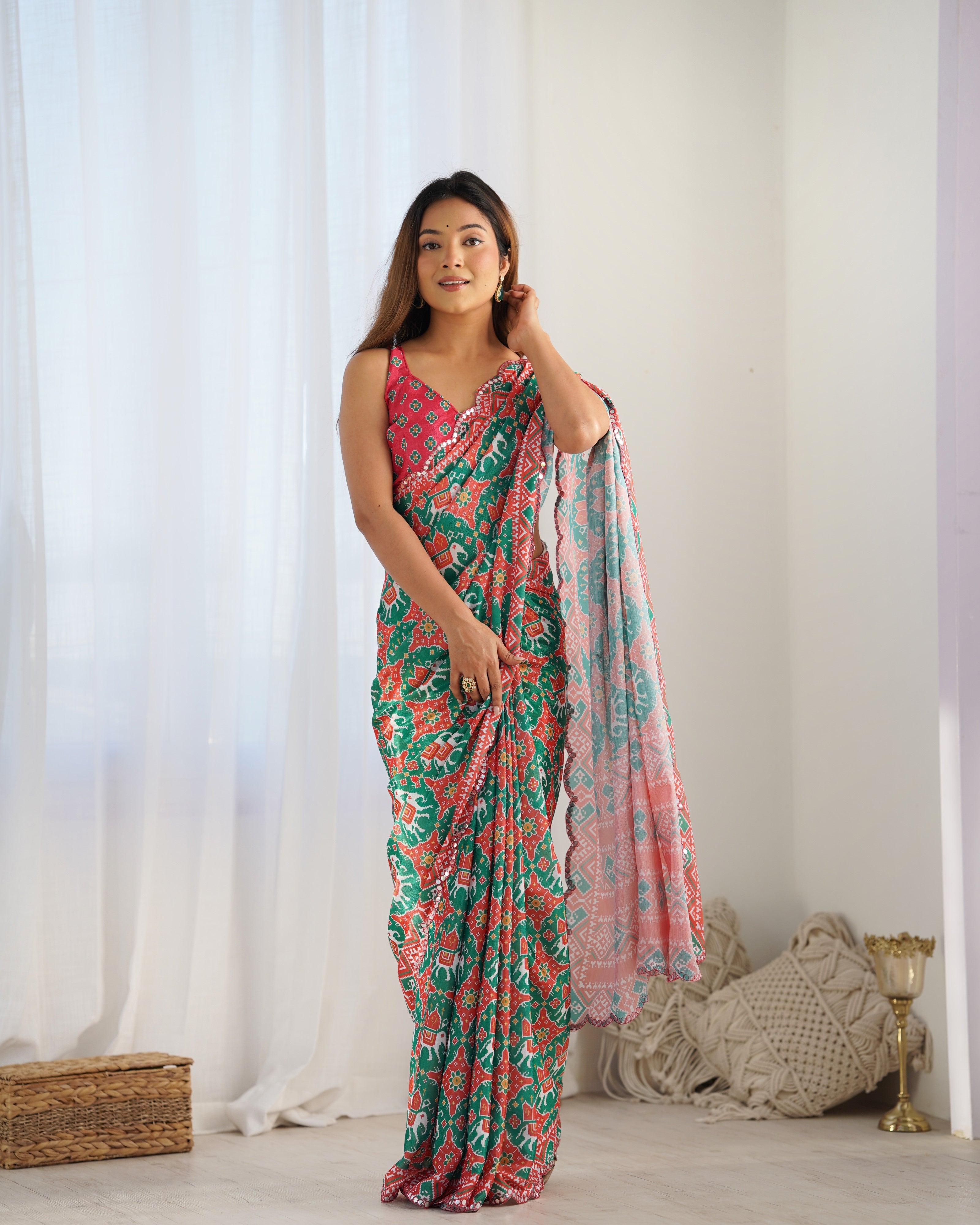 Heavy Chinnon Printed Saree with Kutchi Mirror Lace Border