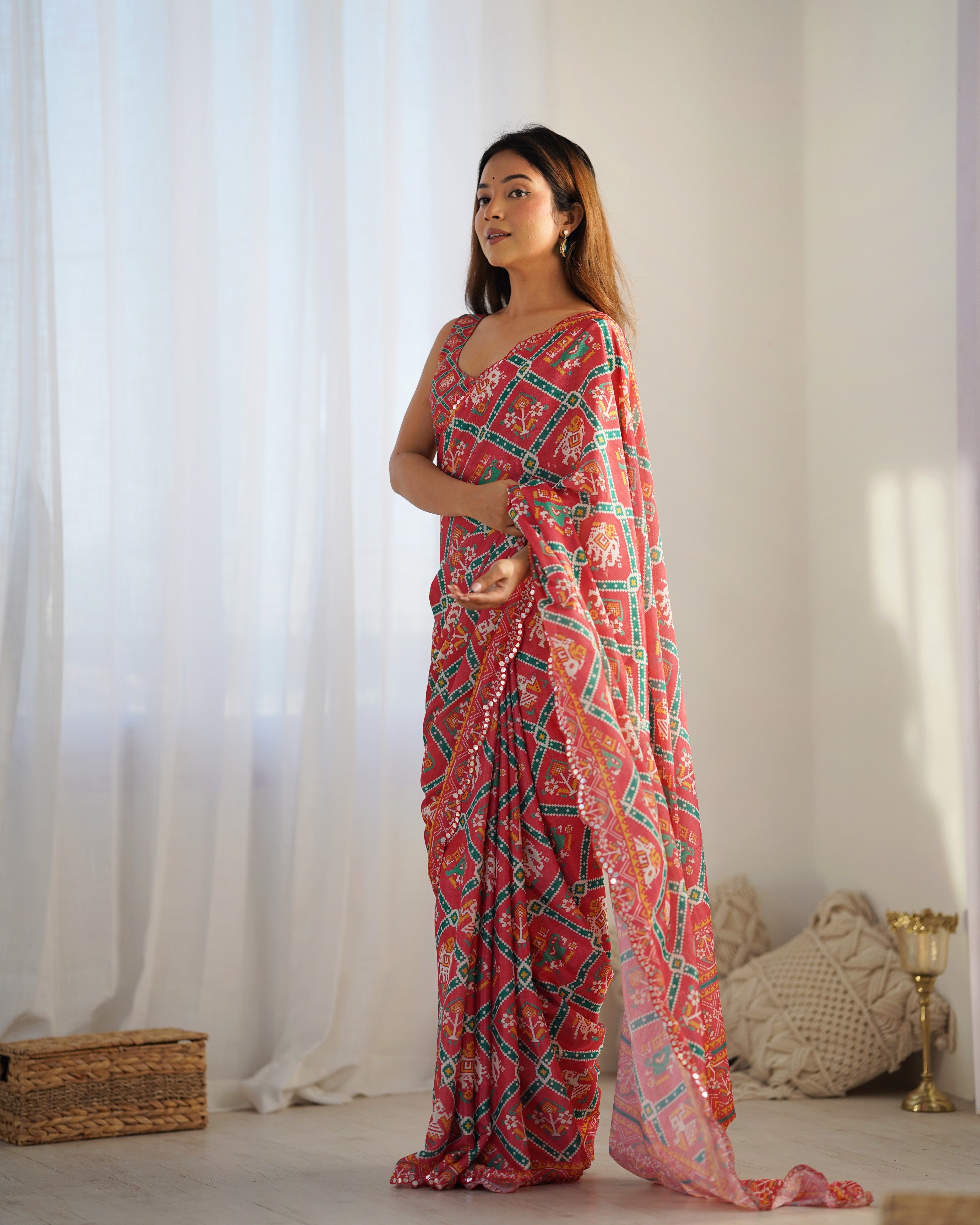 TRENDBUY Heavy Chinnon Saree with Kutchi mirror work border