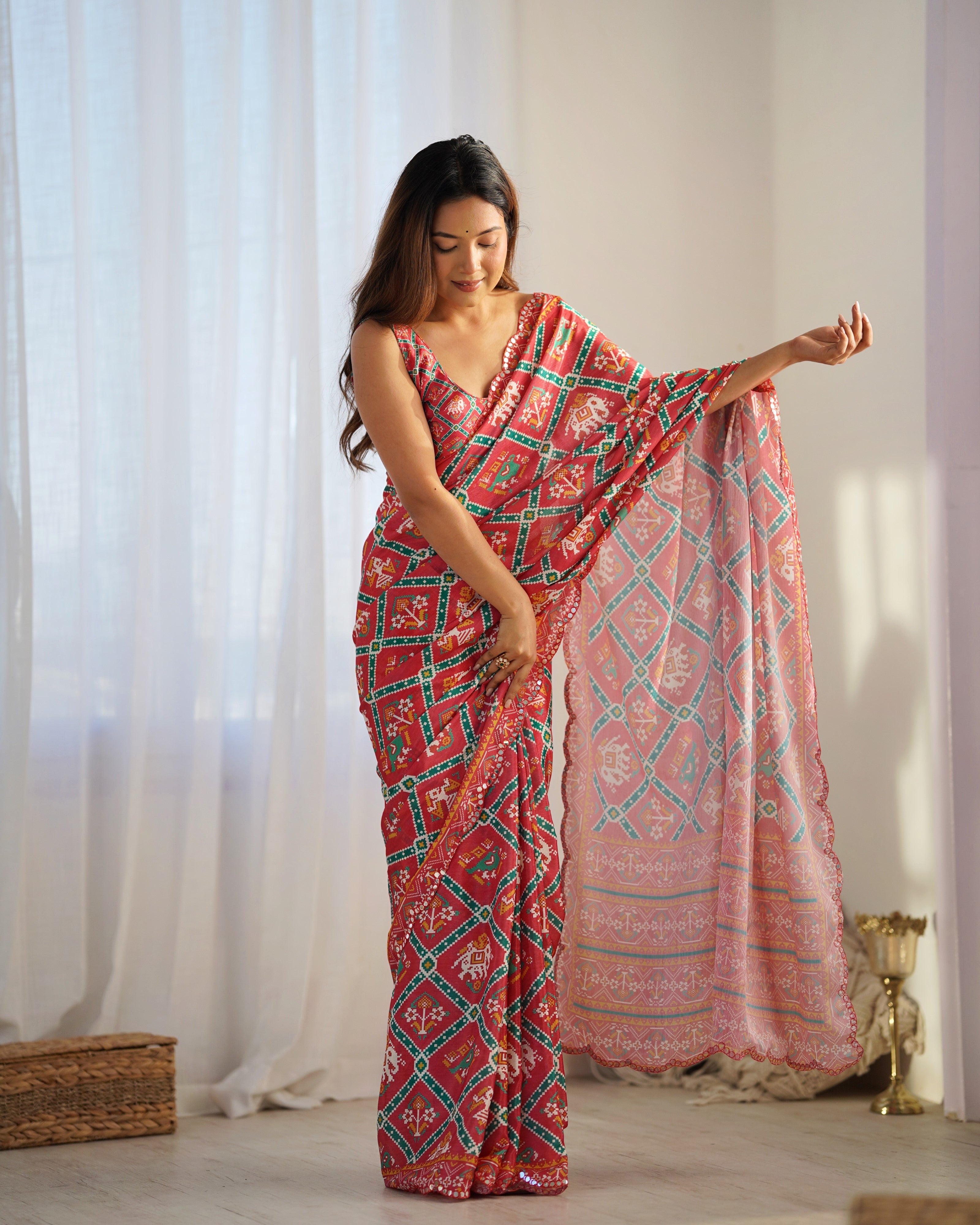 TRENDBUY Heavy Chinnon Saree with Kutchi Mirror Work Border DVS-09