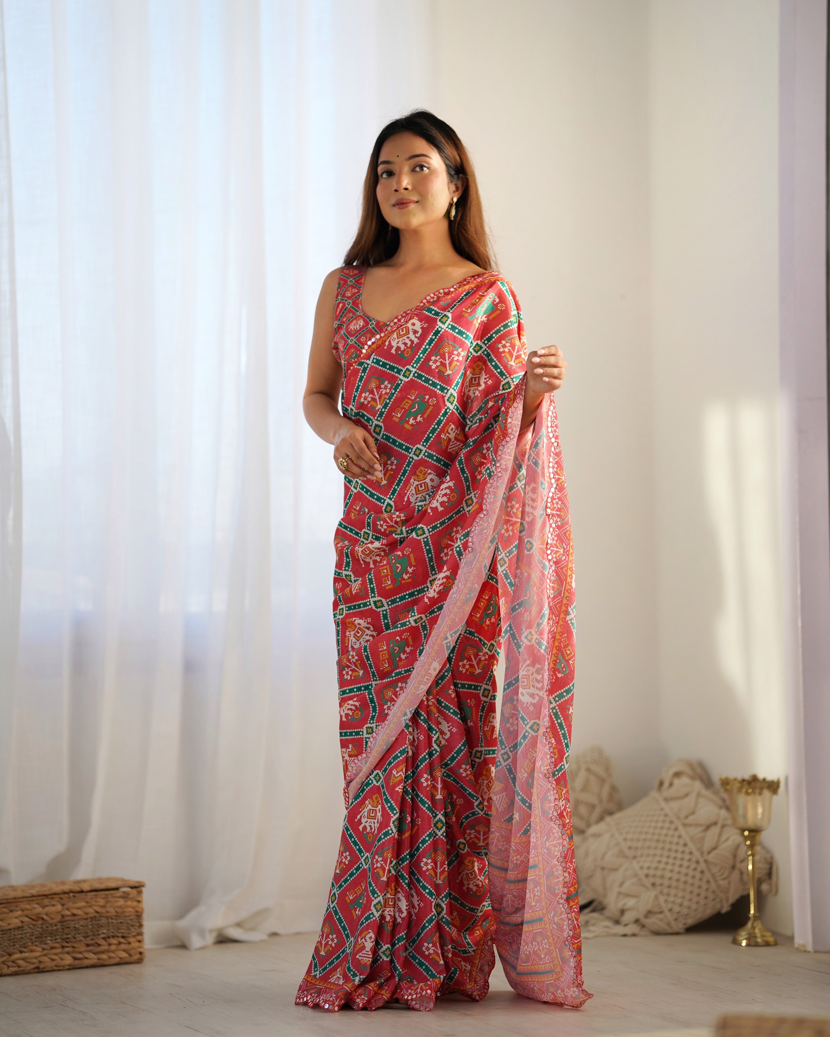 TRENDBUY Heavy Chinnon Saree with Kutchi Mirror Work Border & Unstitched Blouse DVS-09