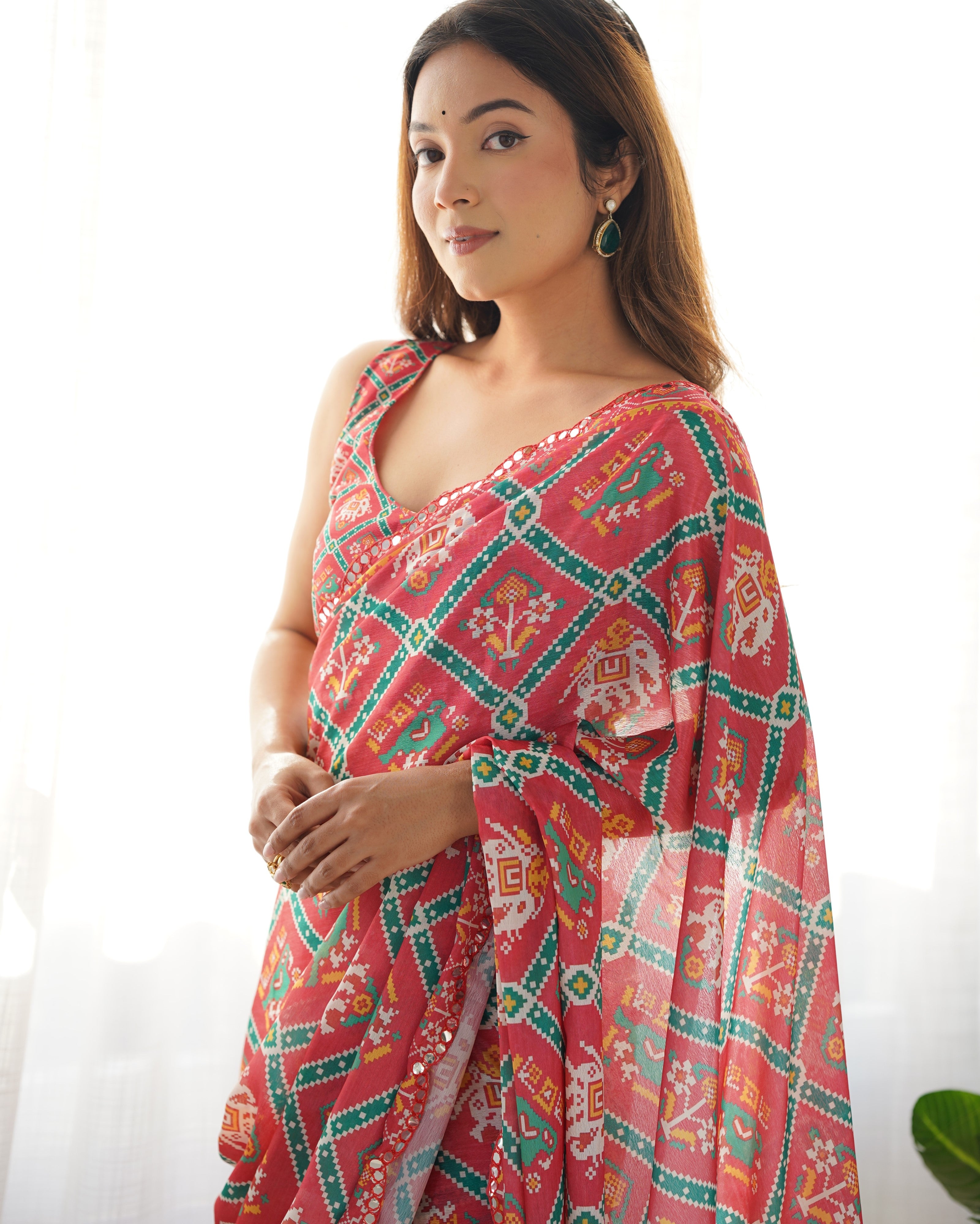 Model showcasing TRENDBUY Heavy Chinnon Saree DVS-09 with intricate Kutchi Mirror Work Border detail.