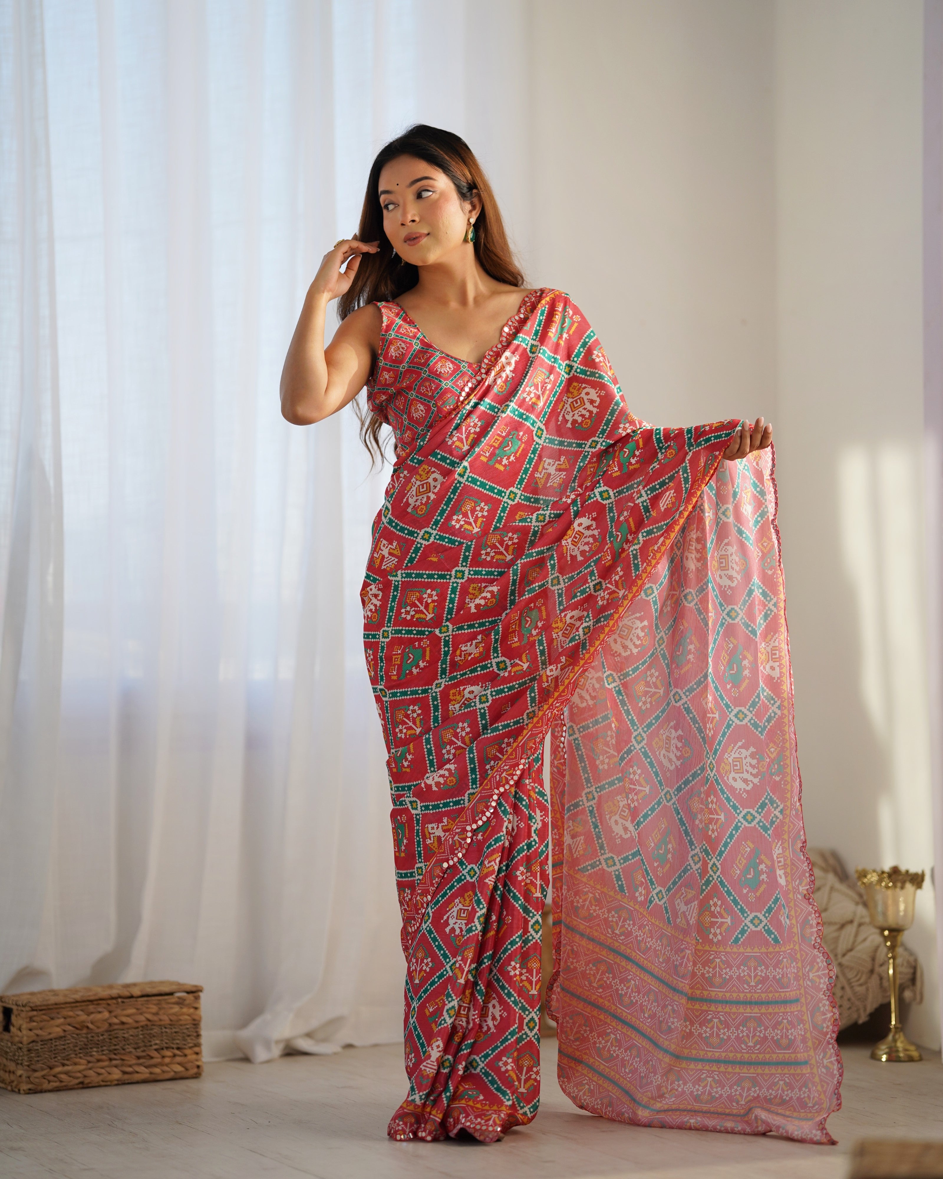 TRENDBUY Heavy Chinnon Saree with intricate Kutchi mirror work border DVS-09