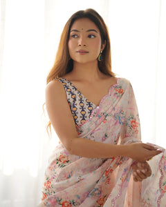 Heavy Chinnon Saree with Elegant Print & Kutchi Work Mirror Lace Border | TRENDBUY Unstitched Blouse