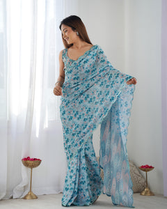 TRENDBUY Exclusive: Heavy Chinnon Saree with Elegant Print & Kutchi Mirror Lace Border, Unstitched Blouse Included