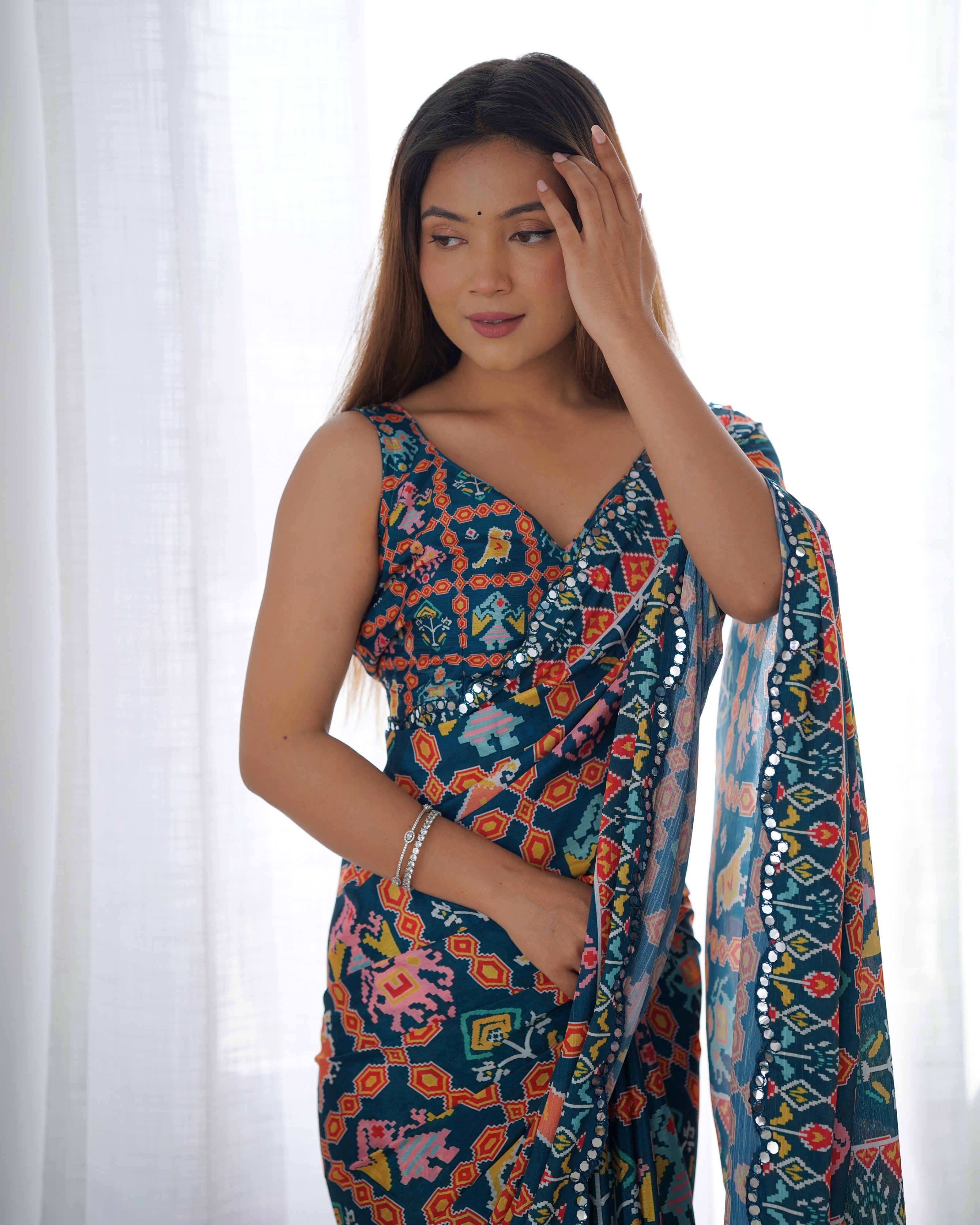 Heavy Chinnon Saree DVS-12 with vibrant print and elegant Kutchi mirror work lace border.